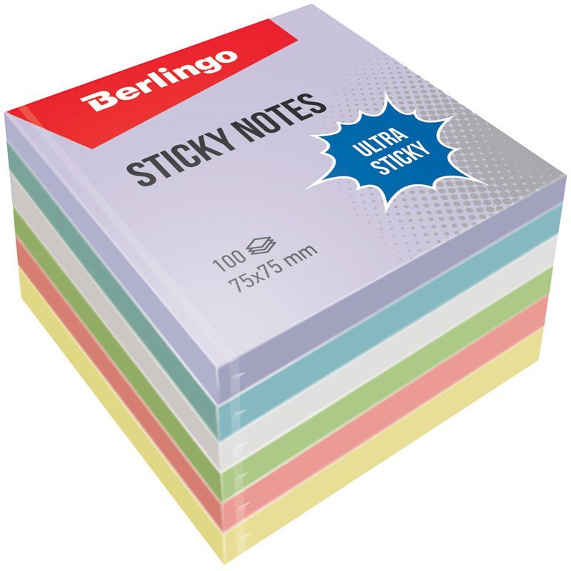 Самоклеящийся блок Berlingo "Ultra Sticky", 75*75мм, 6*100л, 5 пастельных цветов + 1 белый