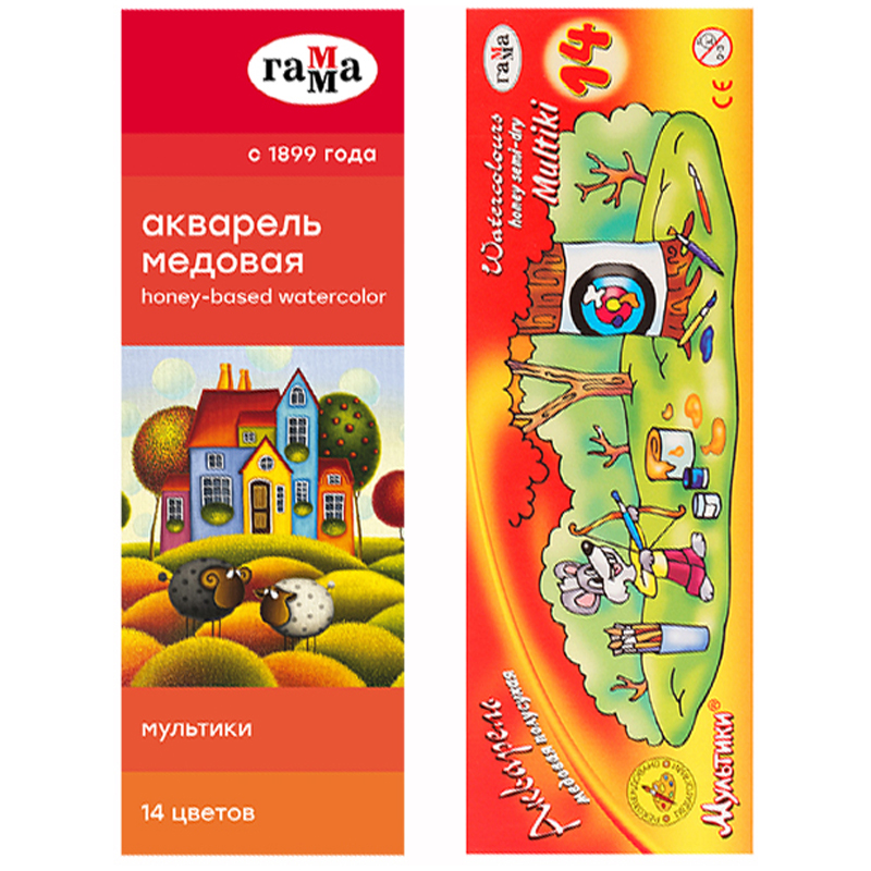 Акварель Гамма "Мультики", медовая, 14 цветов, без кисти, картон. упак.