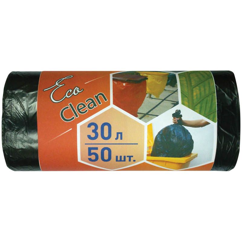 Мешки для мусора  30л КБ "Ecoclean" ПНД, 48*55см, 6мкм, 50шт., черные, в рулоне