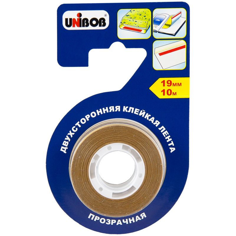 Клейкая лента двусторонняя Unibob, 19мм*10м, прозрачная, полипропилен, блистер