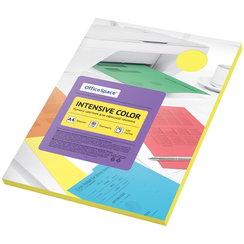Бумага цветная OfficeSpace "Intensive Color", А4, 80г/м², 100л., (желтый)
