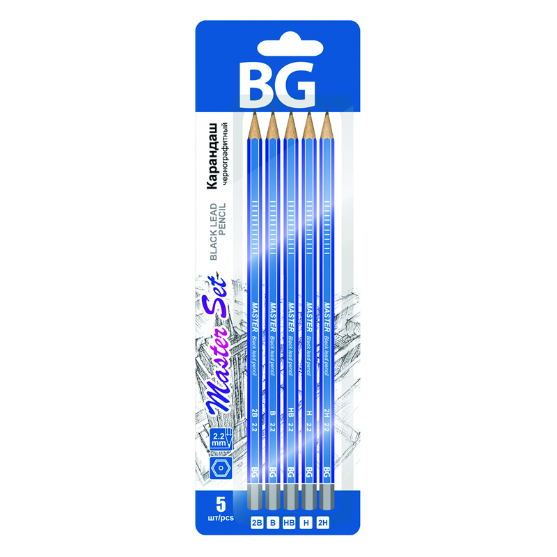 Набор карандашей ч/г BG "Master set" 5шт., 2H-2B, шестигран., блистер