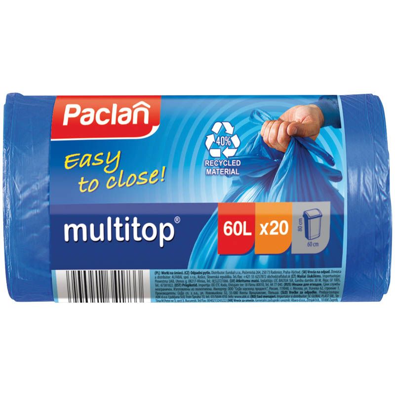 Мешки для мусора  60л Paclan "Multitop" ПВД, 60*72см, 14мкм, 20шт., синие, в рулоне