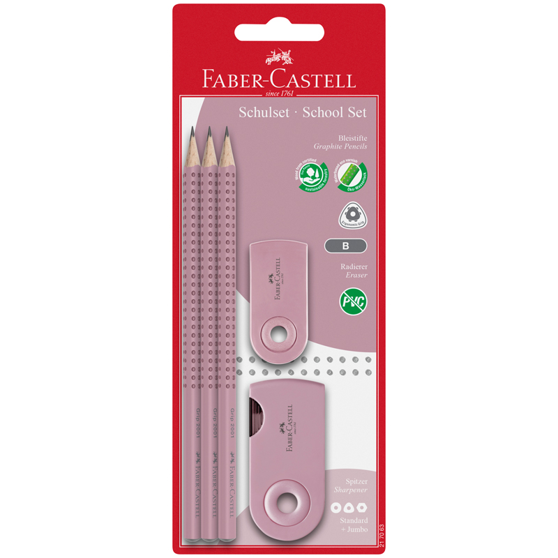 Набор карандашей ч/г Faber-Castell "Grip 2001" 3шт., В, трехгран., заточен.,точилка и ластик "Sleeve Mini", дымчато-розовый, блистер