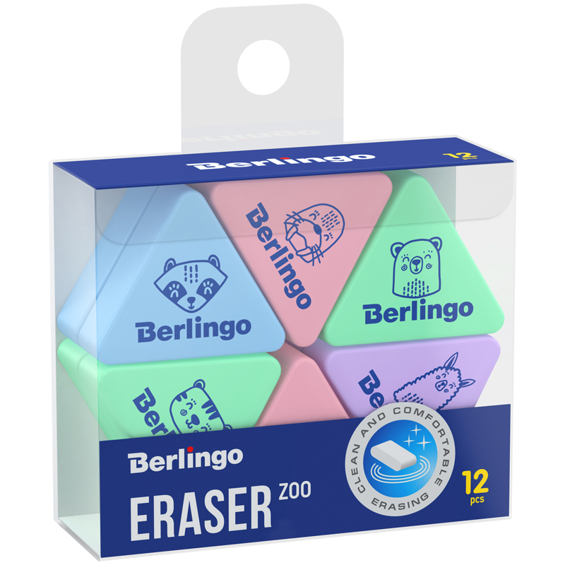 Ластик Berlingo "Zoo", 12шт., треугольные, 28*24*10мм, PVC бокс