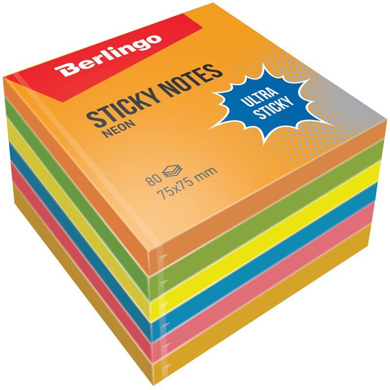 Самоклеящийся блок Berlingo "Ultra Sticky", 75*75мм, 6*80л, 6 неоновых цветов