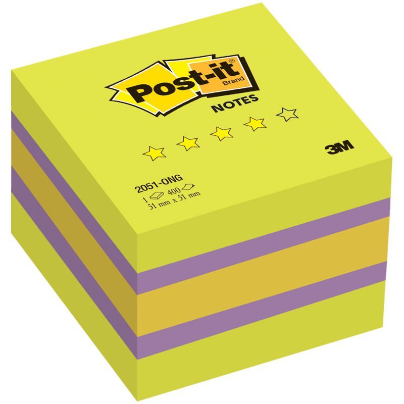 Самоклеящийся блок Post-it Original "Весна", 51*51мм, 400л, 3 цвета/зеленая неоновая радуга