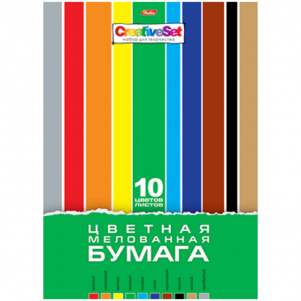 Цветная бумага мелованная А4, Hatber, 10л., 10цв., в папке, "Creative Set"
