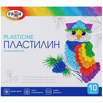 Пластилин Гамма "Классический", 10 цветов, 200г, со стеком, картон. упак.
