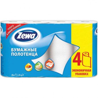 Полотенца бумажные в рулонах Zewa, 2-слойные, 14м/рул, тиснение, белые, 4шт.