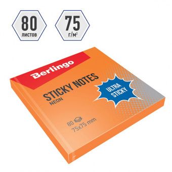 Самоклеящийся блок Berlingo "Ultra Sticky", 75*75мм, 80л, оранжевый неон