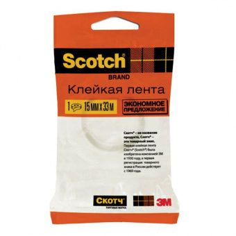 Клейкая лента 15мм*33м, Scotch "Эконом", прозрачная