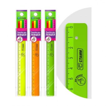 Линейка 16см СТАММ "Neon", для левшей, пластиковая, ассорти, европодвес