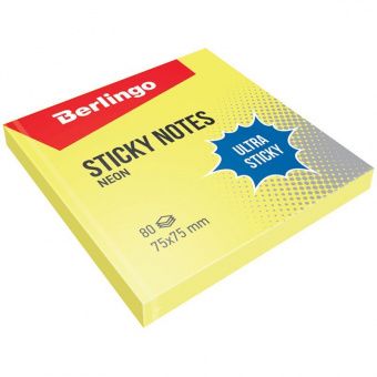 Самоклеящийся блок Berlingo "Ultra Sticky", 75*75мм, 80л, желтый неон