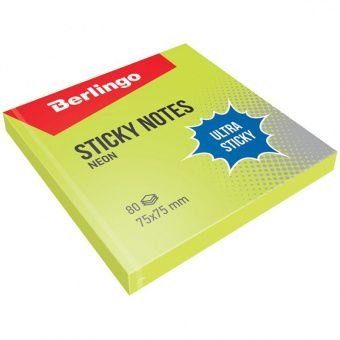 Самоклеящийся блок Berlingo "Ultra Sticky", 75*75мм, 80л, зеленый неон