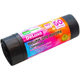 Мешки для мусора  60л Mirpack "Deluxe" ПВД, 60*70см, 35мкм, 10шт., черные, в рулоне, с завязками