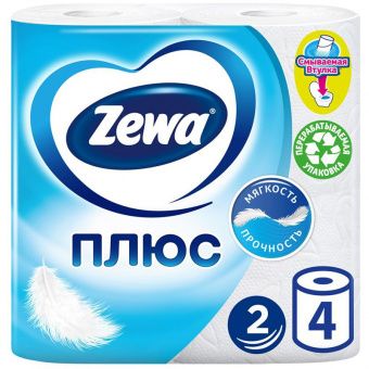Бумага туалетная Zewa Плюс, 2-слойная, 4шт., тиснение, белая
