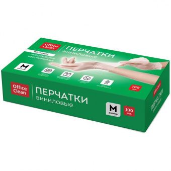 УЦЕНКА-Перчатки виниловые белые OfficeClean, неопудренные, прочные, разм. M, 50 пар (100шт.), карт.короб.