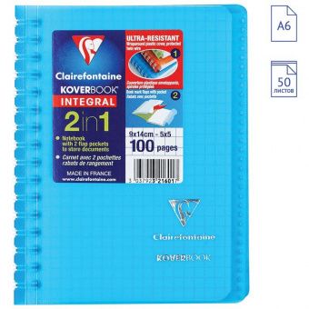 Записная книжка А6 50л. на гребне Clairefontaine "Koverbook", 90г/м2, пластик. обложка, карман, синяя
