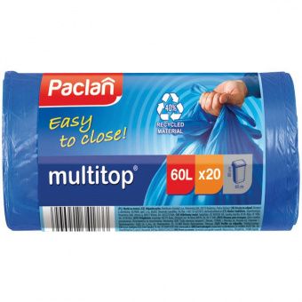 Мешки для мусора  60л Paclan "Multitop" ПВД, 60*72см, 14мкм, 20шт., синие, в рулоне