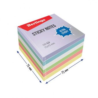 Самоклеящийся блок Berlingo "Ultra Sticky", 75*75мм, 6*100л, 5 пастельных цветов + 1 белый