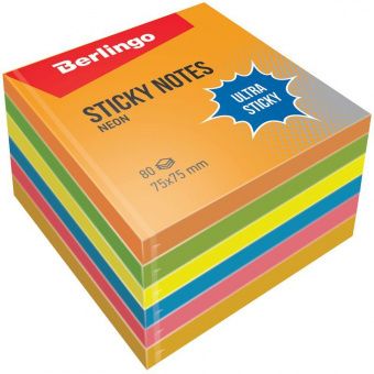 Самоклеящийся блок Berlingo "Ultra Sticky", 75*75мм, 6*80л, 6 неоновых цветов