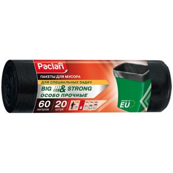 Мешки для мусора  60л Paclan "Big&Strong" ПВД, 68*80см, 16мкм, 20шт., черные, в рулоне