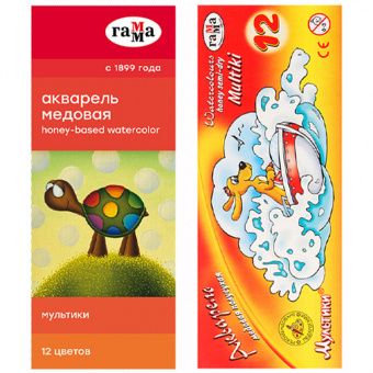 Акварель Гамма "Мультики", медовая, 12 цветов, без кисти, картон. упак.